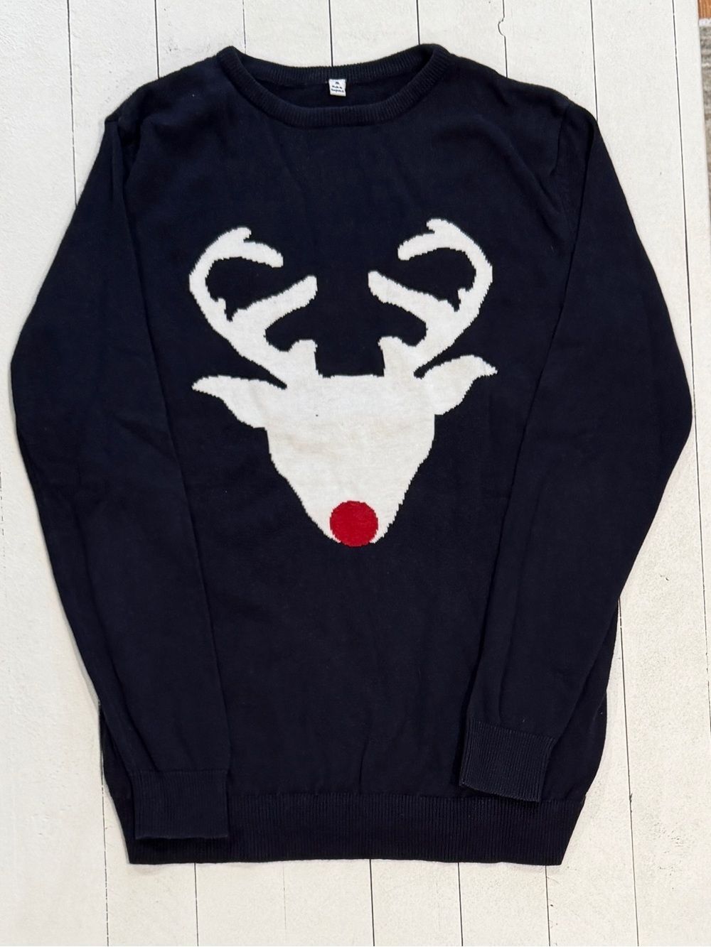 Classic Navy Blue Reindeer Christmas Knit Sweater Jumper | Women's Medium